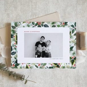 Watercolor Holly Greenery Pattern Photo Christmas Holiday Card