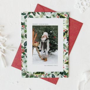 Watercolor Holly Greenery Pattern Photo Christmas Holiday Card