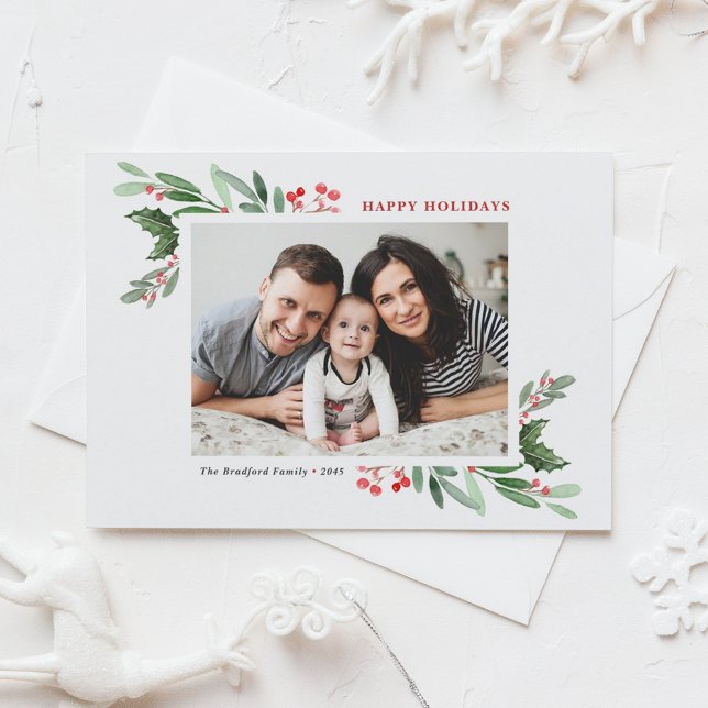 Watercolor Holly Greenery Photo Happy Holidays Holiday Postcard (Customizable photo holiday postcard featuring watercolor red winterberry and greenery)