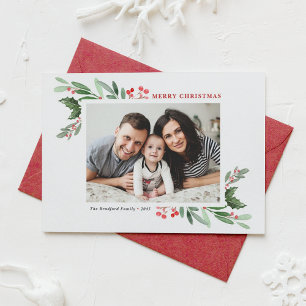 Watercolor Holly Greenery Photo Merry Christmas Holiday Card