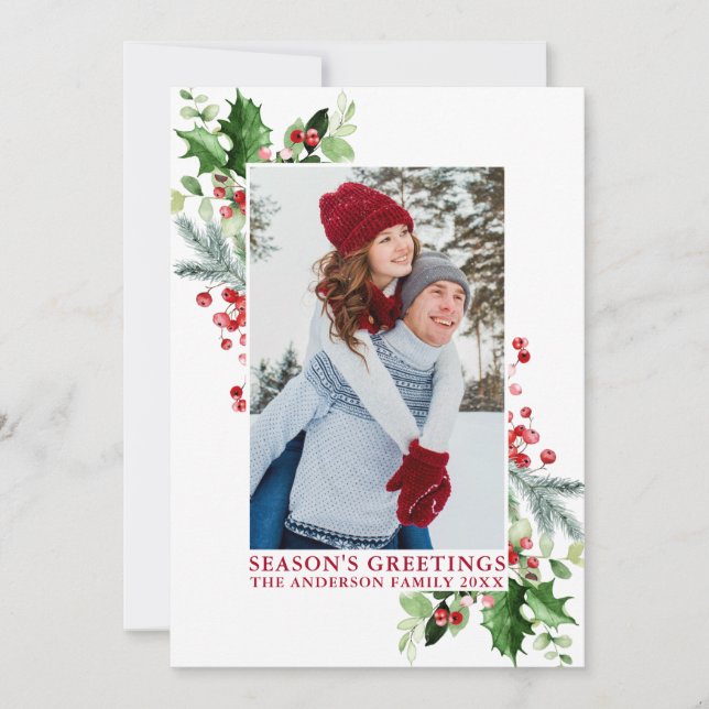 Watercolor Holly Greenery Season's Greetings Red Holiday Card (Front)