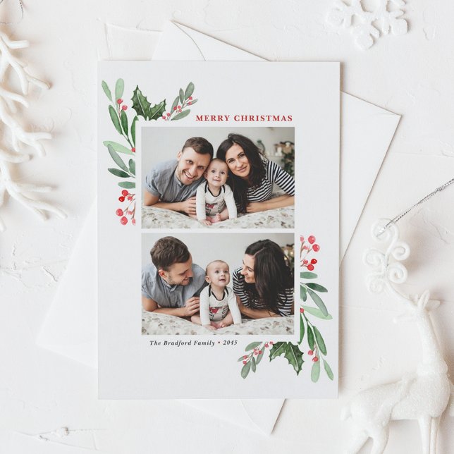 Watercolor Holly Greenery Two Photo Christmas Holiday Postcard (Watercolor Holly and Greenery Two-Photo Collage Christmas Postcard)