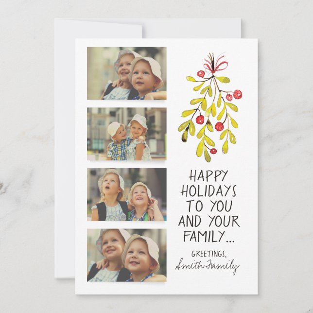Watercolor Holly Happy Holiday Photo Greetings (Front)