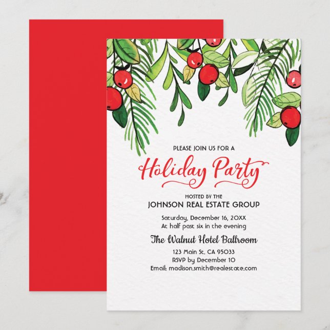 Watercolor Holly Holiday Party Invitation (Front/Back)