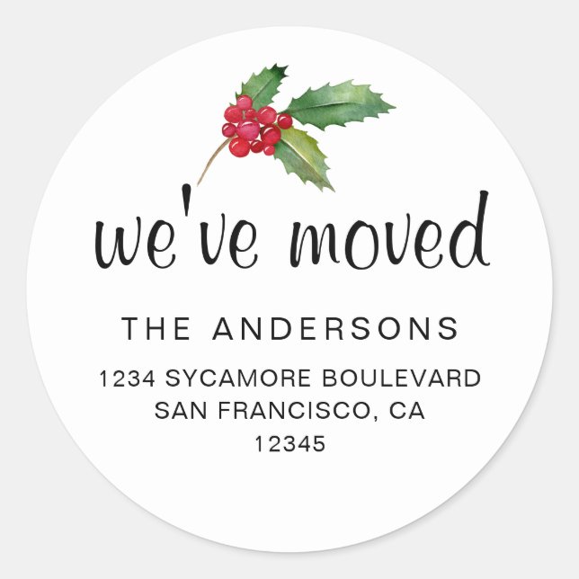 Watercolor Holly Holiday We’ve Moved Classic Round Sticker (Front)