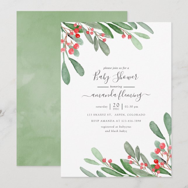 Watercolor Holly Jolly Christmas Baby Shower Invitation (Front/Back)