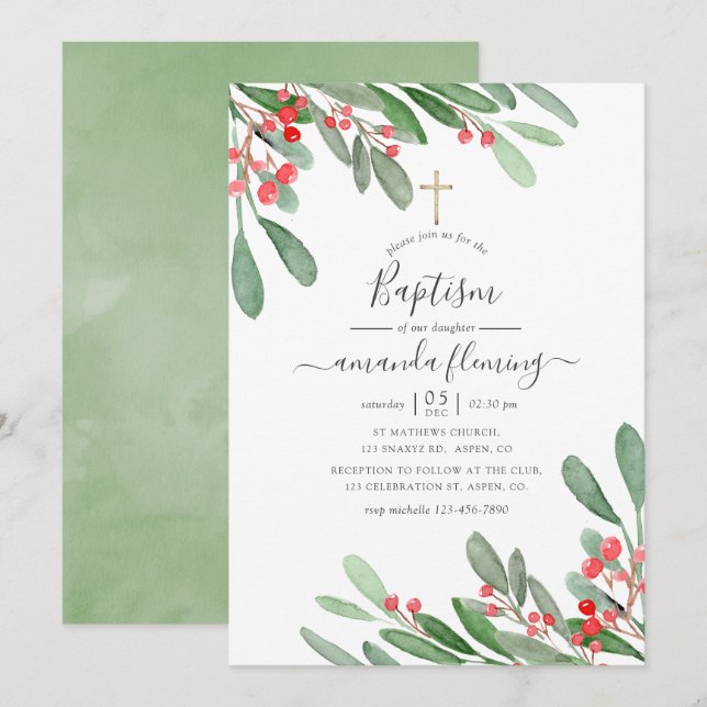 Watercolor Holly Jolly Christmas Baptism Invitation (Front/Back)