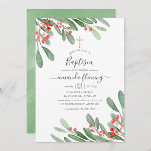 Watercolor Holly Jolly Christmas Baptism Invitation