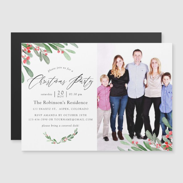 Watercolor Holly Jolly Christmas Party Magnetic Invitation (Front/Back)