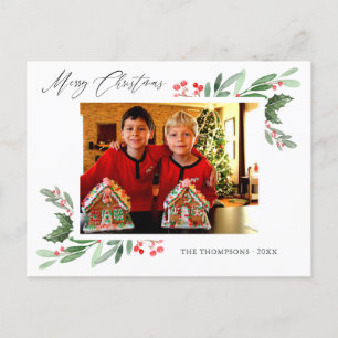 Watercolor Holly Jolly Christmas Photo Announcement Postcard