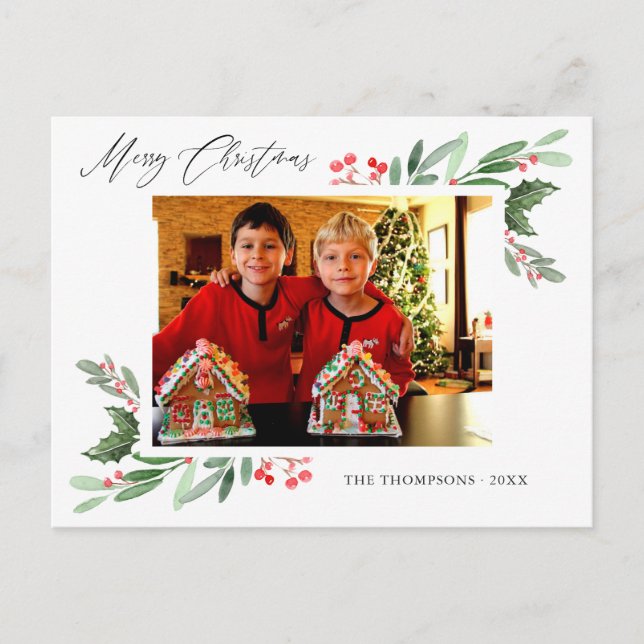 Watercolor Holly Jolly Christmas Photo Announcement Postcard (Front)