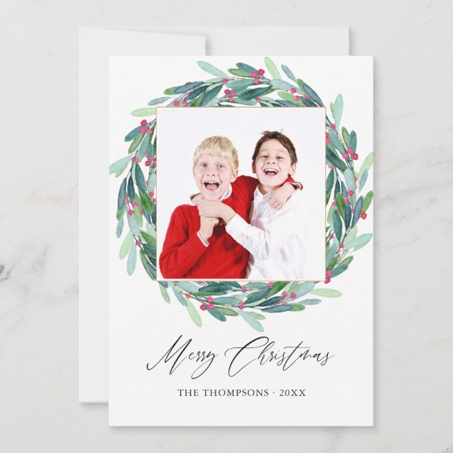 Watercolor Holly Jolly Christmas Photo Card (Front)