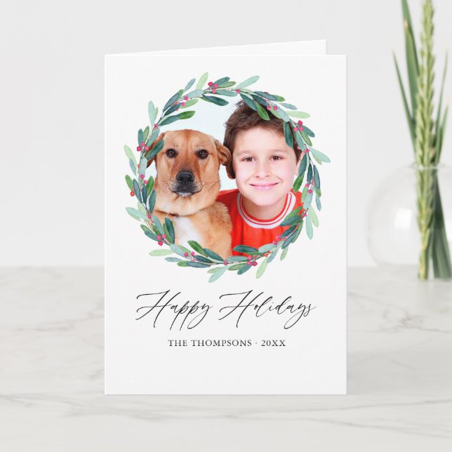 Watercolor Holly Jolly Christmas Photo Holiday Card (Front)