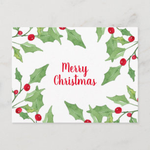 Watercolor Holly Leaf Wreath Postcard