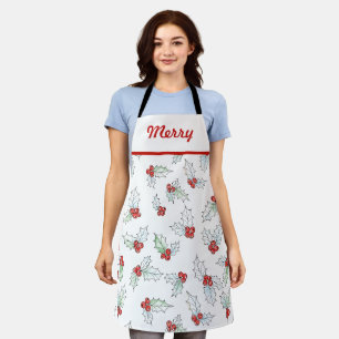 Watercolor Holly Leaves and Red Berries Apron