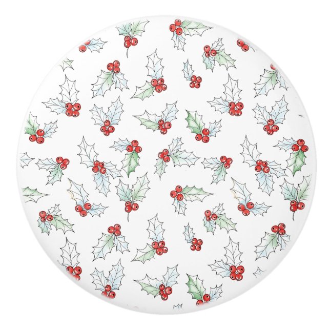 Watercolor Holly Leaves and Red Berries Ceramic Knob (Front)