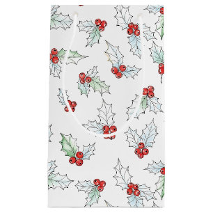 Watercolor Holly Leaves and Red Berries Christmas Small Gift Bag