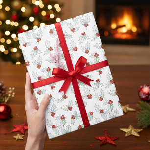 Watercolor Holly Leaves and Red Berries Christmas Wrapping Paper