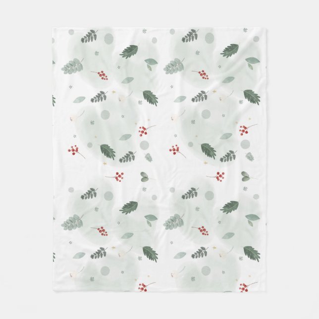 Watercolor Holly Leaves Pattern Christmas Art Plan Fleece Blanket (Front)
