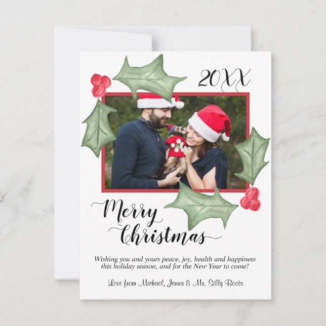 Watercolor Holly Leaves with Photo Merry Christmas Holiday Card (Front)