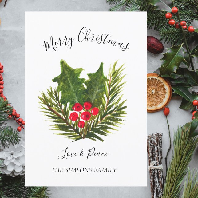 Watercolor Holly Merry and Bright Christmas Tree  Holiday Card (Creator Uploaded)