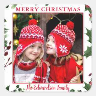 Watercolor Holly Merry Christmas family photo Square Sticker