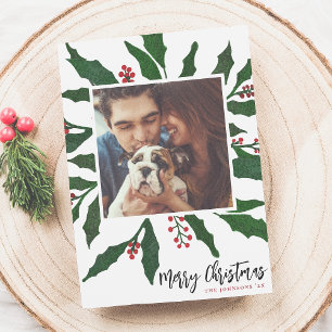 Watercolor Holly & Merry Christmas Holiday Photo Card