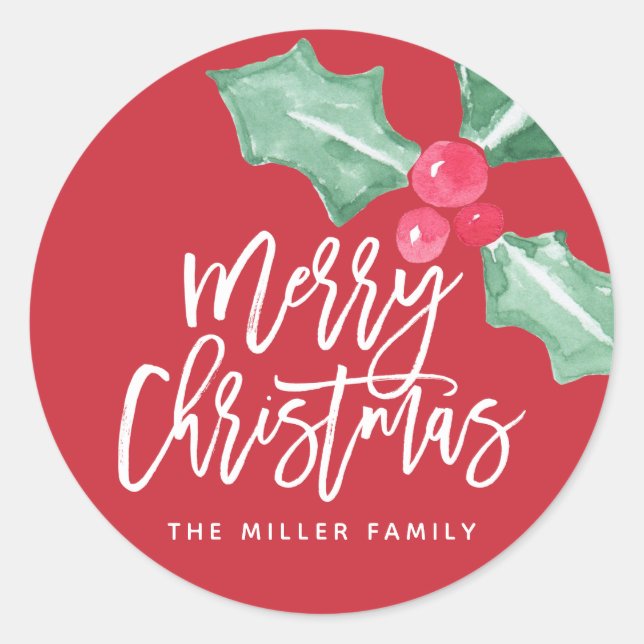 Watercolor Holly Merry Christmas Name Sticker (Front)