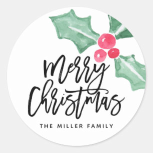 Watercolor Holly Merry Christmas Name Sticker