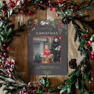 Watercolor Holly Merry Christmas Photo Dark Grey Holiday Card
