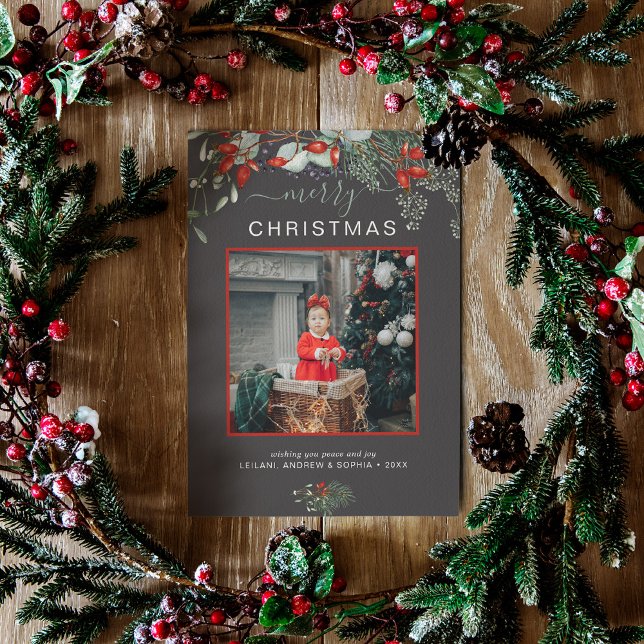 Watercolor Holly Merry Christmas Photo Dark Grey Holiday Card (You will love these beautiful Christmas cards! They feature botanical watercolor pine and berries.)