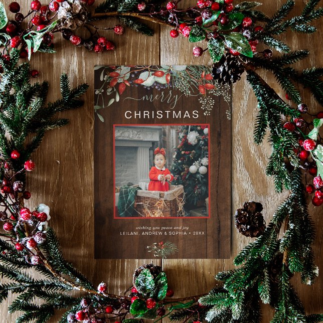 Watercolor Holly Merry Christmas Photo Dark Wood Holiday Card (You will love these beautiful Christmas cards! They feature botanical watercolor pine and berries.)