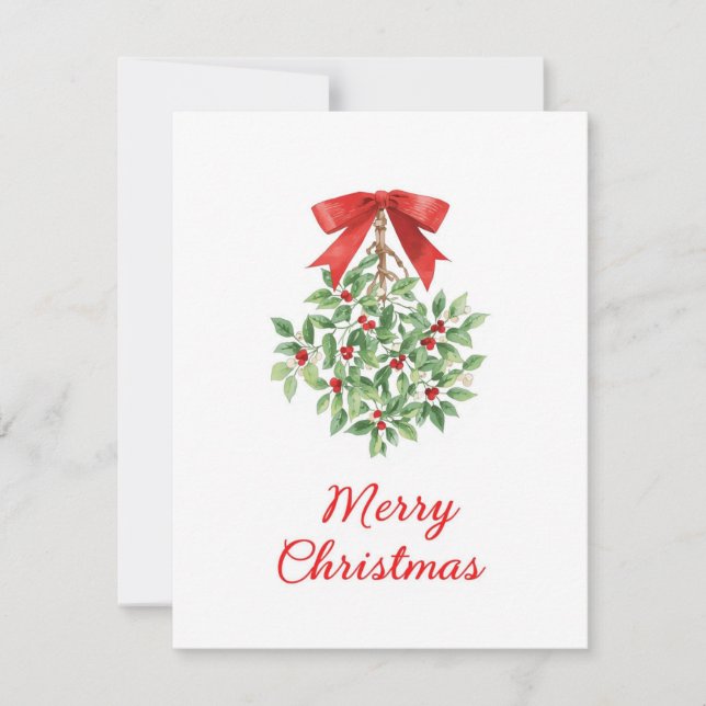 Watercolor Holly Mistletoe Red Bow Holiday Card (Front)