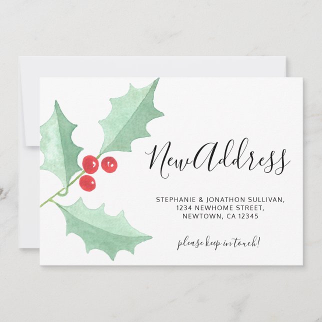 Watercolor Holly New Address Christmas Moving Announcement (Front)