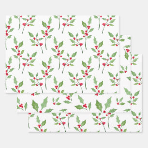 Watercolor Holly Patterns  Wrapping Paper Sheet