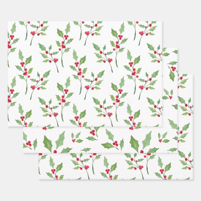 Watercolor Holly Patterns  Wrapping Paper Sheet (Set)