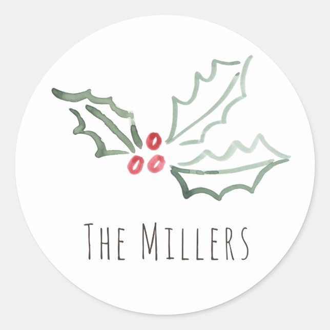 Watercolor Holly Personalised Christmas Holiday Classic Round Sticker (Front)