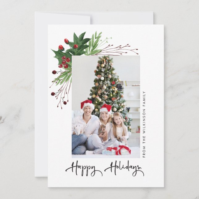 Watercolor Holly Photo Family Happy Holidays Holiday Card (Front)