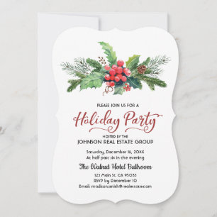 Watercolor Holly Pine & Berry   Holiday