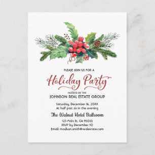 Watercolor Holly Pine & Berry Holiday Postcard