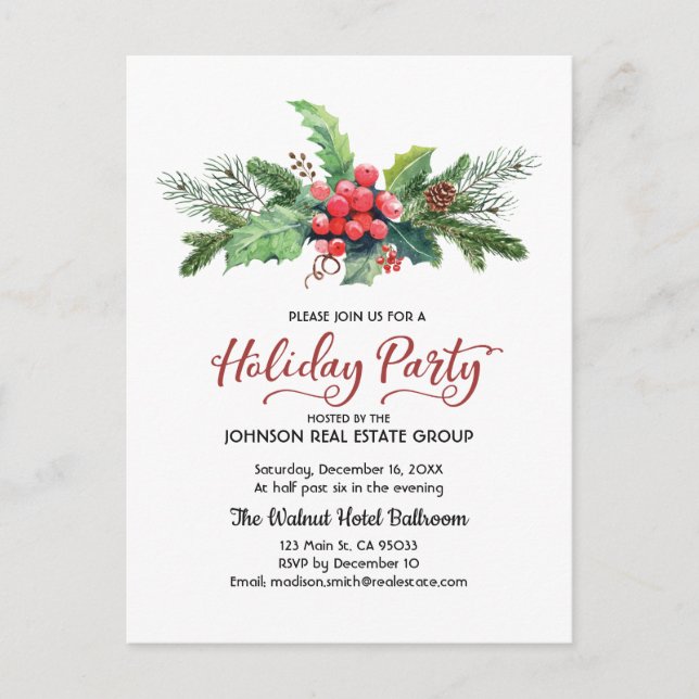 Watercolor Holly Pine & Berry | Holiday Postcard (Front)