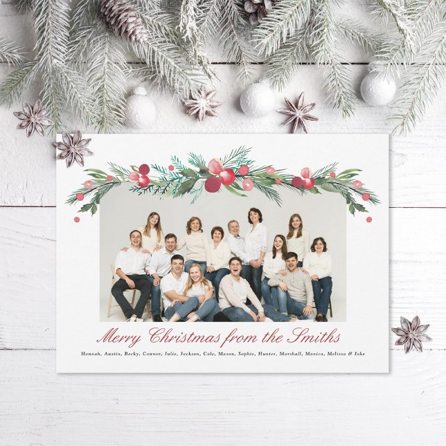 Watercolor Holly Pine Elegant Large Family Photo Holiday Card (Creator Uploaded)