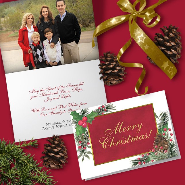 Watercolor Holly & Pine Photo Inside Christmas Holiday Card (In Situ Front/Inside)