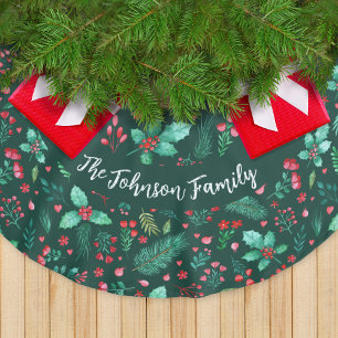 Watercolor Holly, Pine, Red Berries + Family Name Brushed Polyester Tree Skirt
