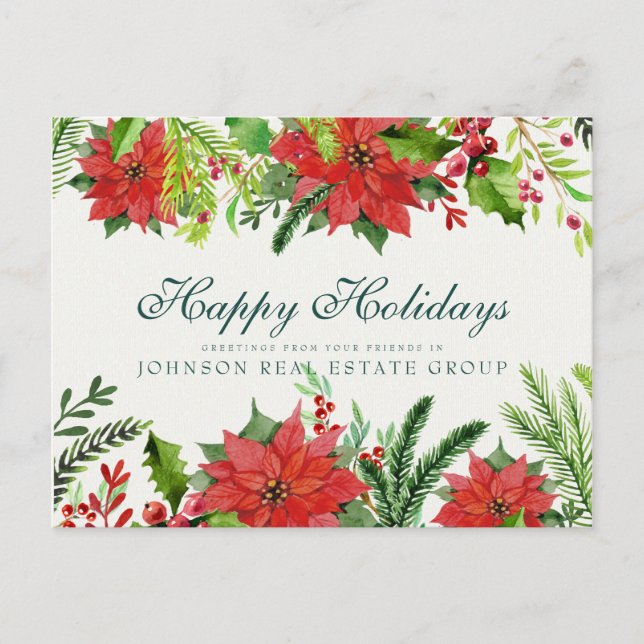 Watercolor Holly & Poinsettia | Holiday Greetings Postcard (Front)
