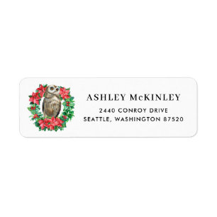 Watercolor Holly Poinsettia Wreath Owl Holiday
