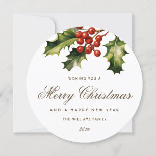 Watercolor Holly Red Berries Elegant Holiday Card