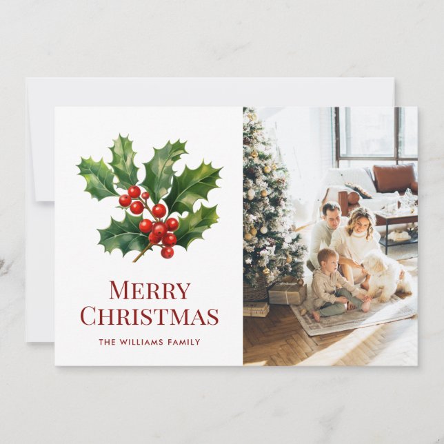 Watercolor Holly Red Berries Photo Christmas Card (Front)