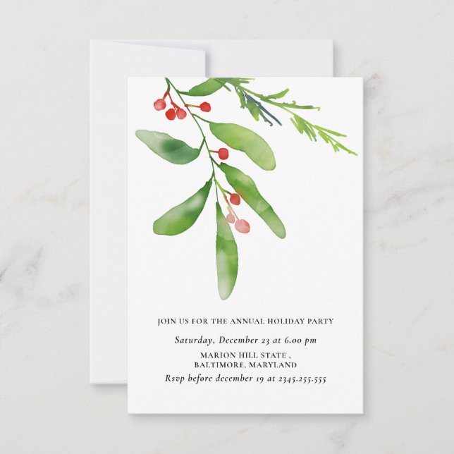 Watercolor Holly Red Berry Annual Holiday Party Invitation (Front)