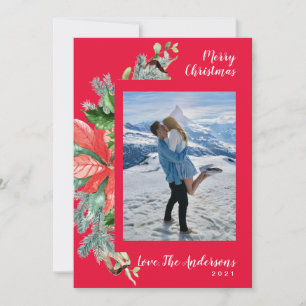 Watercolor Holly Reds Greens Side Wreath Photo Holiday Card